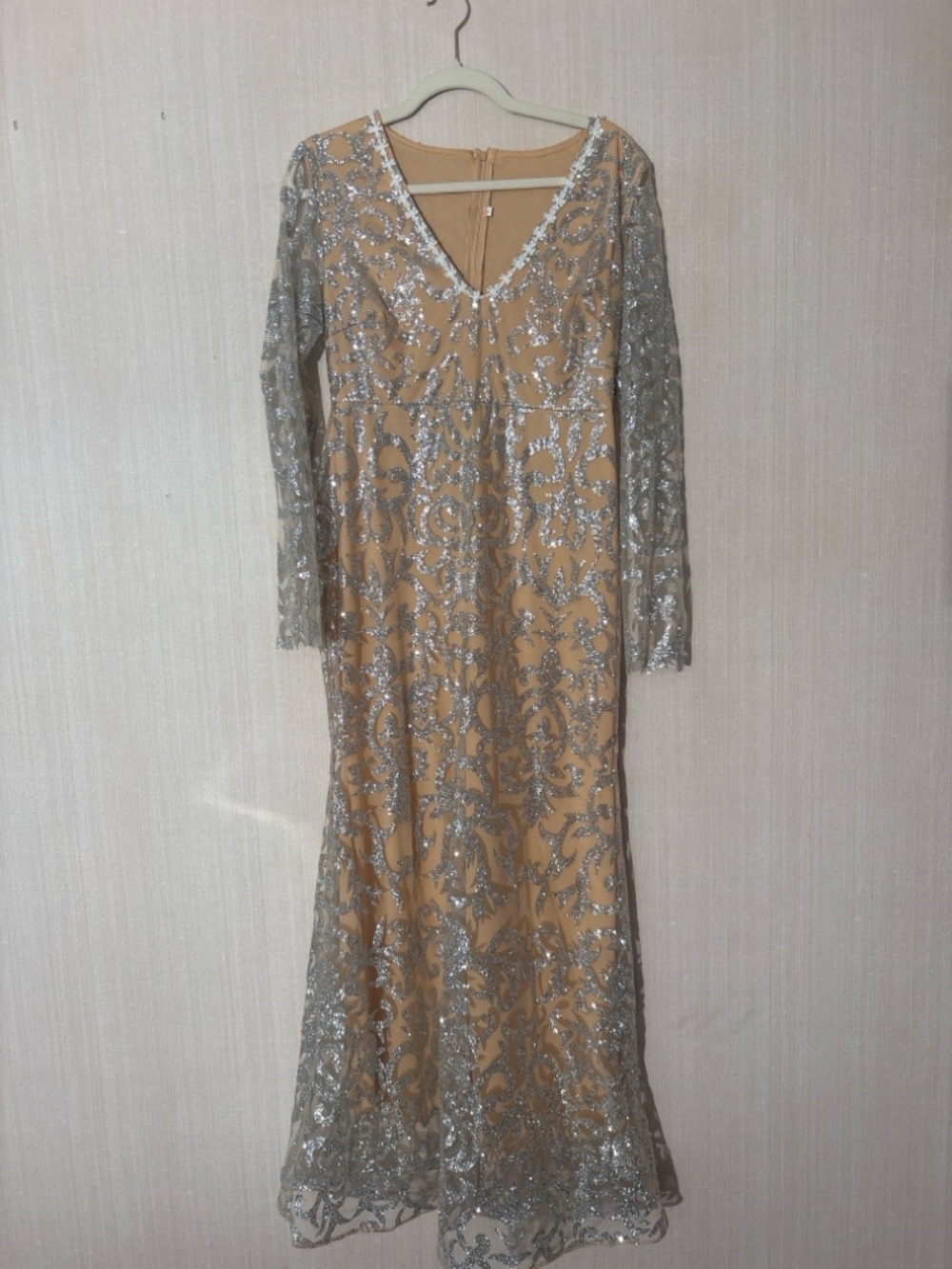 Silver Sequin Embellished Nude Long Sleeve Evening Dress